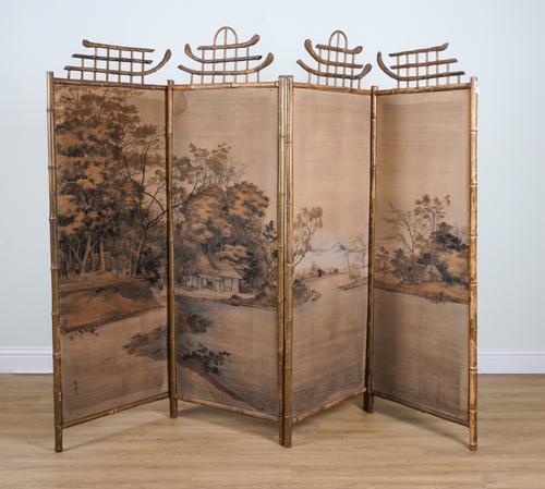 AN AESTHETIC MOVEMENT GILDED BAMBOO FOUR FOLD SCREEN
