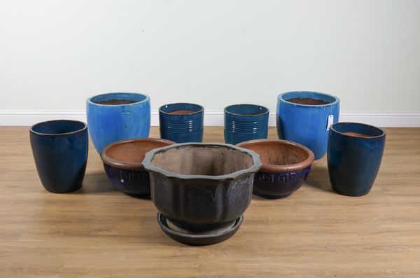 A GROUP OF NINE BLUE GLAZED GARDEN POTS (9)