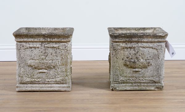 A PAIR OF RECONSTITUTED STONE SQUARE GARDEN POTS (2)