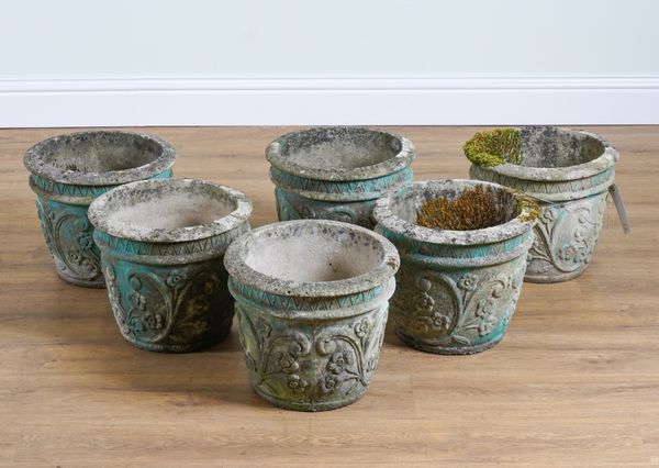 A SET OF SIX CIRCULAR RECONSTITUTED STONE GARDEN POTS (6)