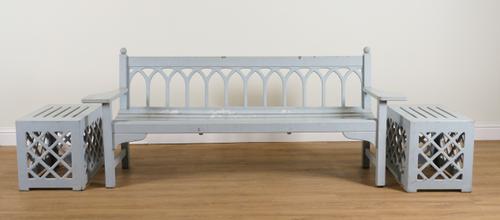 FROLICS OF WINCHESTER; A BLUE PAINTED GARDEN BENCH (3)