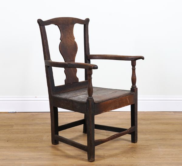 AN 18TH CENTURY AND LATER OAK VASE BACK OPEN ARMCHAIR