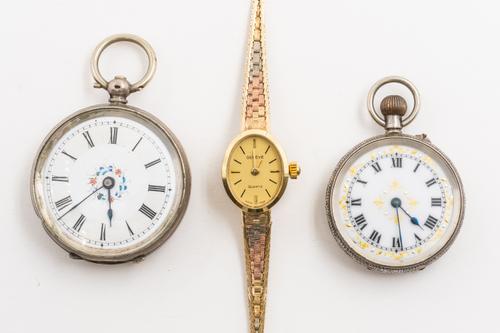 A GENEVE QUARTZ 9CT BRACELET WATCH AND TWO FOB WATCHES (3)