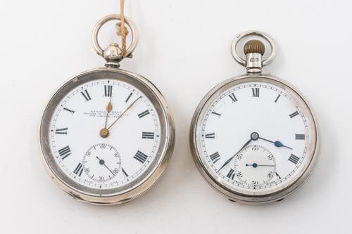 A SILVER J.W.B. POCKET WATCH AND CASE AND A SILVER OPENFACED POCKET WATCH AND KEY (2)