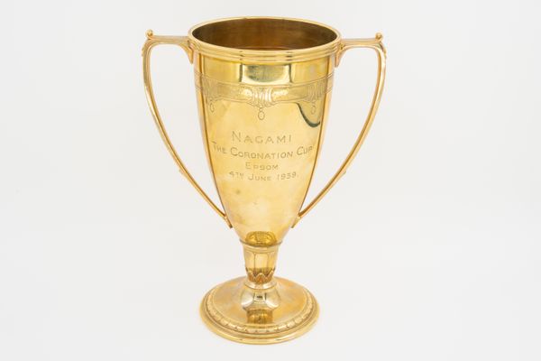 A 9CT GOLD CORONATION CUP EPSOM TWIN HANDLED TROPHY CUP