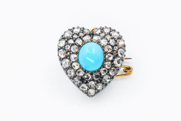 A VICTORIAN DIAMOND AND TURQUOISE HEART PENDANT BROOCH