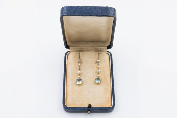 A PAIR OF EDWARDIAN AQUAMARINE AND PEARL DROP EARRINGS