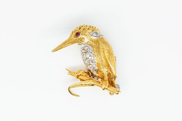 A DIAMOND AND RUBY SET KINGFISHER BROOCH