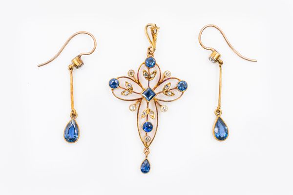 A SAPPHIRE AND DIAMOND PENDANT AND EARRING SET