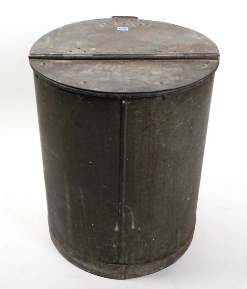 AN EARLY 20TH CENTURY CYLINDRICAL METAL HINGE TOP GRAIN BUCKET