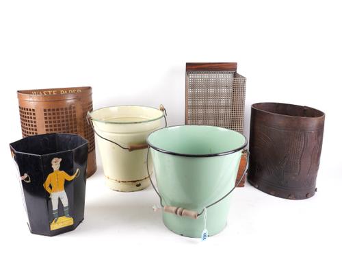 A SEMI CIRCULAR METAL WASTE PAPER BASKET TWO FURTHER WASTE PAPER BASKETS AND TWO BASKETS (6)