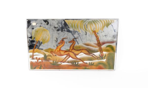 A REVERSE PAINTED MIRRORED GLASS PANEL DEPICTING APOLLO