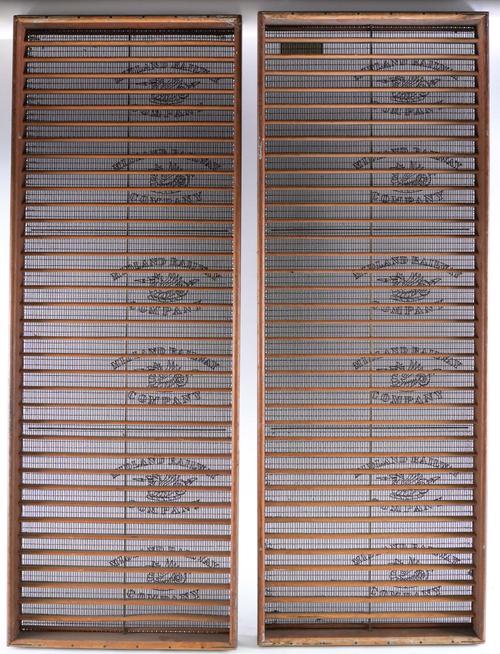 A PAIR OF MID 20TH CENTURY WOODEN AND MESH METAL PAPER PRESS TRAYS