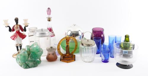 A COLLECTION OF MOSTLY EARLY 20TH CENTURY GLASS INCLUDING VENETIAN TWIN BRANCH CANDLESTICKS