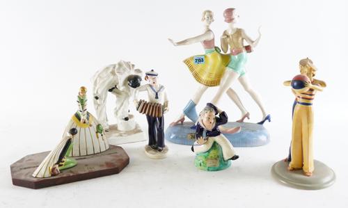 A GROUP OF MOSTLY ART DECO CERAMIC FIGURES INCLUDING SAILORS AND OTHERS (6)