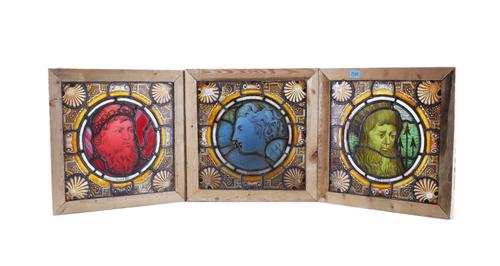 PROBABLY 19TH CENTURY A SET OF THREE STAINED GLASS WINDOW PANELS OF NEPTUNE, BOREAS AND VULCAN (3)