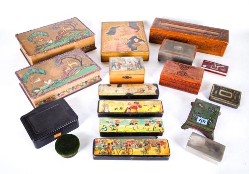 A GROUP OF MOSTLY EARLY TO MID 20TH CENTURY BOXES INCLUDING VINTAGE PENCIL CASES