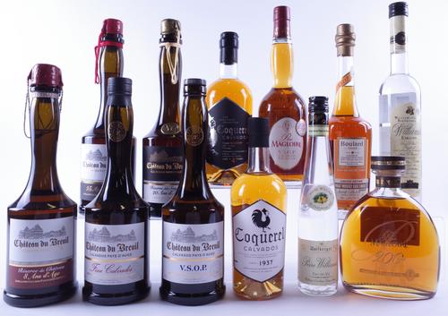 10 BOTTLES CALVADOS AND 2 PEAR SPIRITS