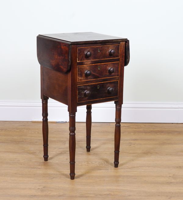 A 19TH CENTURY AND LATER DROP FLAP THREE DRAWER SIDE TABLE