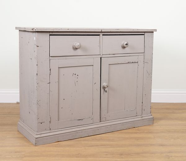 AN EARLY 20TH CENTURY GREY PAINTED PINE SIDE CABINET