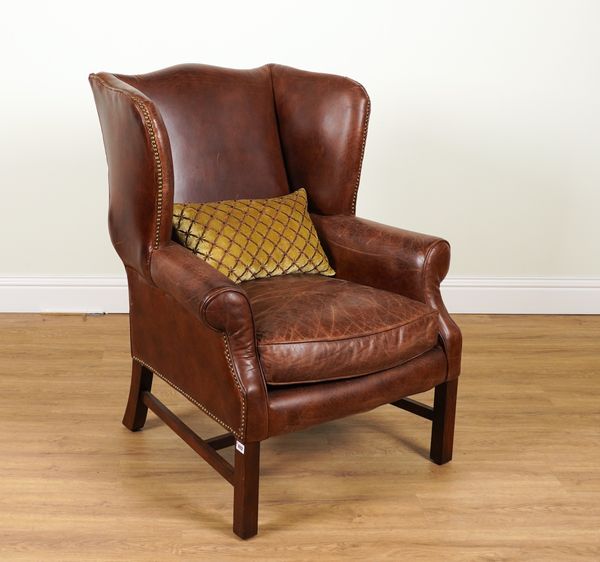 AN 18TH CENTURY STYLE FAUX LEATHER UPHOLSTERED WINGBACK ARMCHAIR