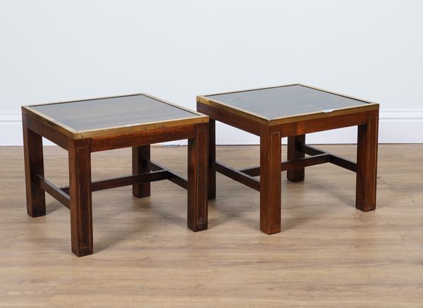 A NEAR PAIR OF BRASS BOUND SQUARE OCCASIONAL TABLES (2)