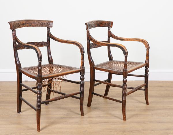 A PAIR OF VICTORIAN ROSEWOOD PAINTED OPEN ARMCHAIRS (2)