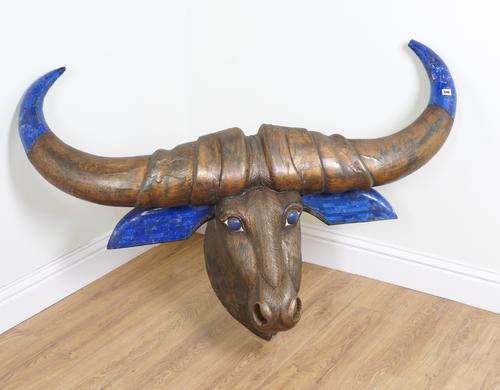 A LAPIS LAZULI COMPOSITE AND METAL MOUNTED MINATOUR HEAD OR BULL’S HEAD TROPHY