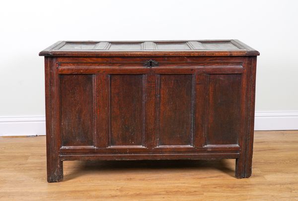 A 17TH CENTURY OAK PANEL COFFER