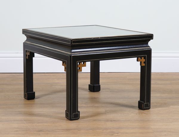 A CHINOISERIE DECORATED BLACK LACQUER SQUARE OCCASIONAL TABLE