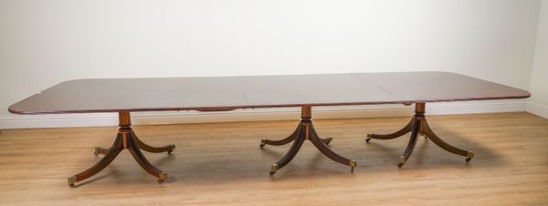 WILLIAM TILMAN; A GEORGE III STYLE MAHOGANY TRIPLE PEDESTAL DINING TABLE