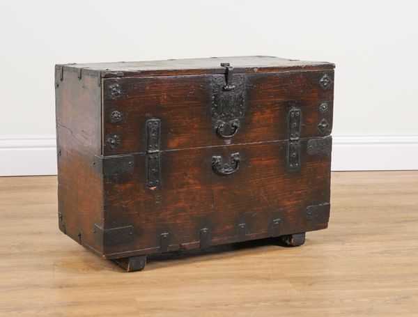 AN 18TH CENTURY AND LATER WROUGHT IRON BOUND STAINED PINE CHEST