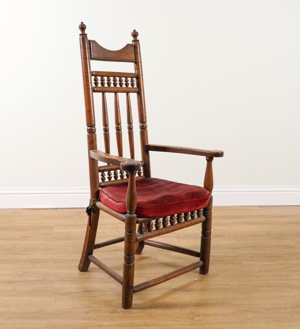 A 19TH CENTURY ASH HIGH BACK OPEN ARMCHAIR