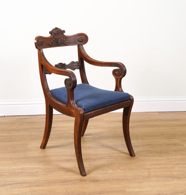 W.M BIELBY; A REGENCY MAHOGANY FRAMED OPEN ARMCHAIR