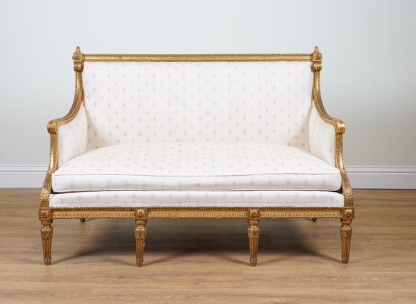 A LOUIS XVI STYLE GILT FRAMED SQUAREBACK SOFA