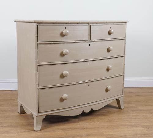 A 19TH CENTURY LATER GREY PAINTED FAUX BAMBOO MOUNTED BOW-FRONT FIVE DRAWER CHEST