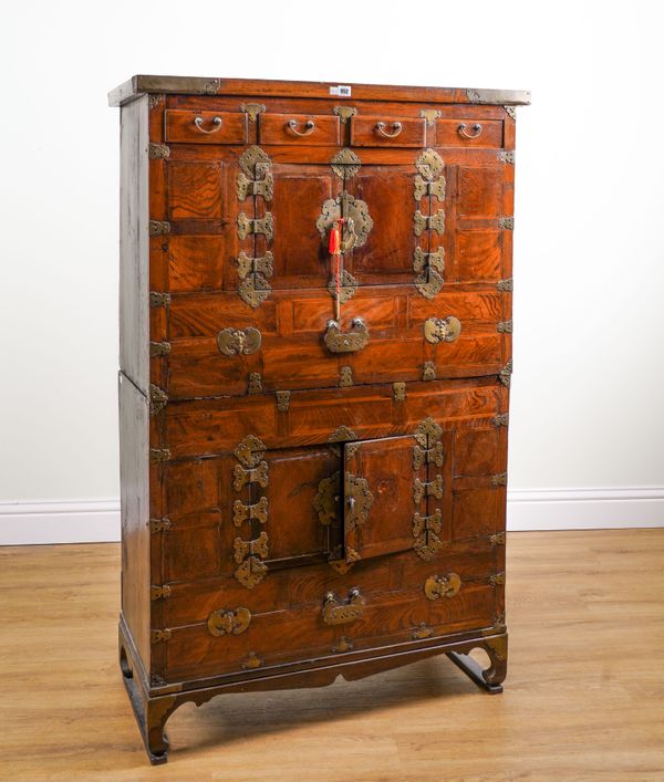 A MID-20TH CENTURY GILT-METAL MOUNTED ELM TWO SECTION TANSU