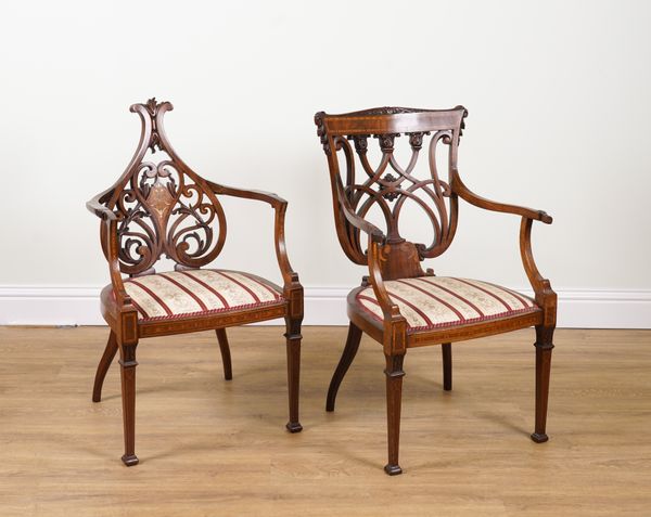 AN EDWARDIAN INLAID MAHOGANY OPEN ARMCHAIR (2)