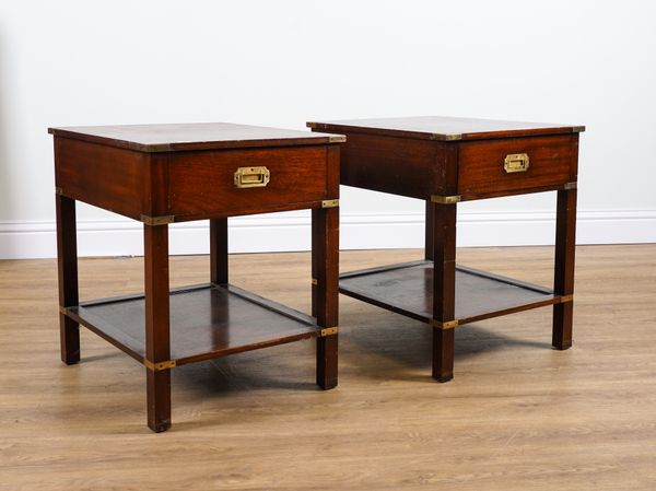 A PAIR OF CAMPAIGN STYLE HARDWOOD TWO TIER SIDE TABLES (2)