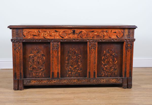 A 17TH CENTURY MARQUETRY INLAID OAK COFFER