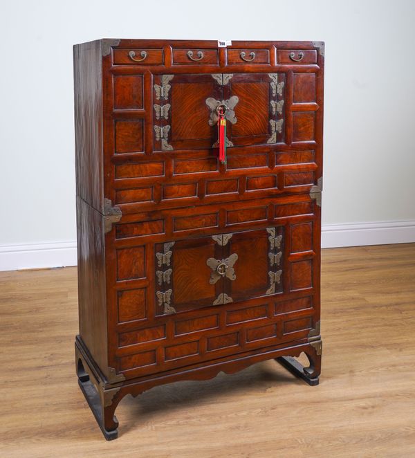 A MID-20TH CENTURY GILT-METAL MOUNTED ELM TWO SECTION TANSU