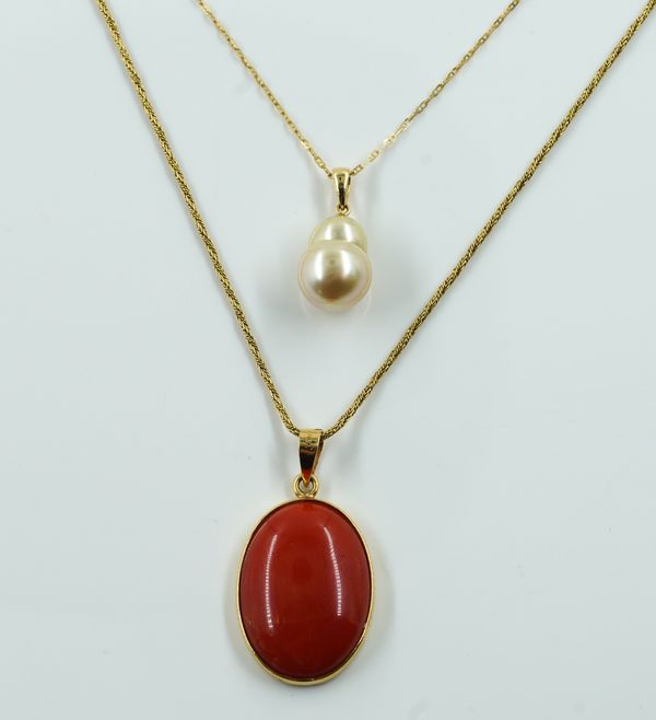 A GOLD AND CORAL PENDANT WITH A GOLD NECKCHAIN AND A GOLD AND FRESHWATER PEARL EPDNANT WITH A GOLD NECKCHAIN