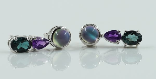 A PAIR OF WHITE GOLD AND VARICOLOURED GEM SET THREE STONE EARRINGS