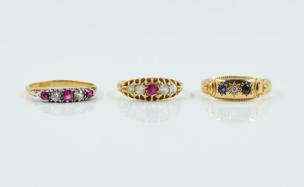 THREE GOLD AND GEM SET RINGS (3)