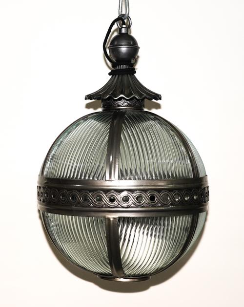 A PAIR OF STEEL GREY FINISHED METAL MOUNTED GLASS SPHERICAL HANGING LIGHT AND ANOTHER  (3)