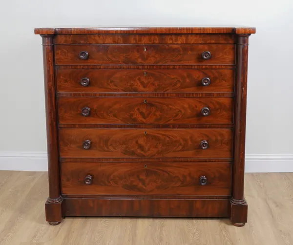 A WILLIAM IV MAHOGANY INVERTED BREAKFRONT FIVE DRAWER CHEST