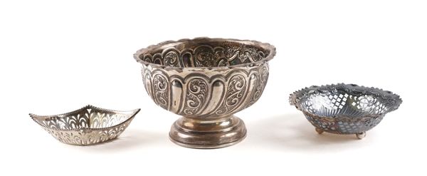 A SILVER BOWL AND TWO SILVER BONBON DISHES (3)