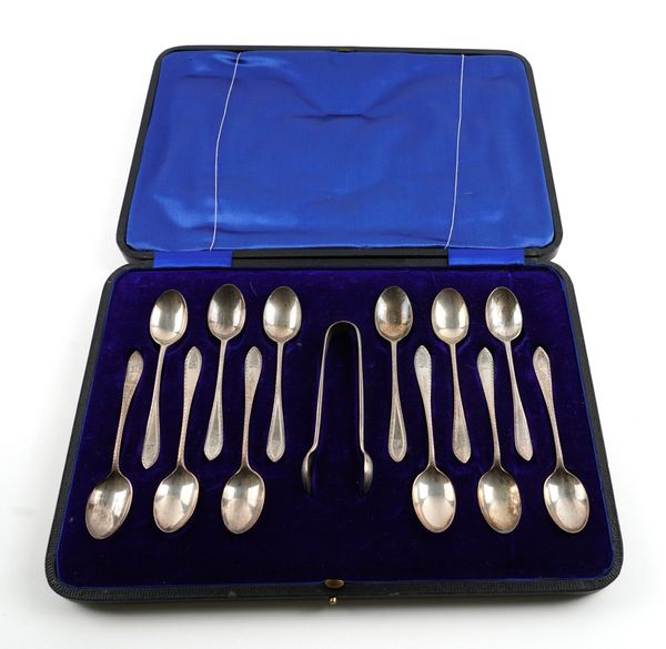 A SET OF TWELVE SILVER COFFEE SPOONS AND A SIMILAR PAIR OF SUGAR TONGS