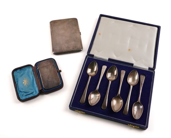 A SILVER CIGARETTE CASE, SIX TEASPOONS AND A VISITING CARD CASE (8)