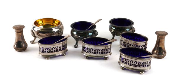 A GROUP OF SILVER AND PLATED CONDIMENTS (13)